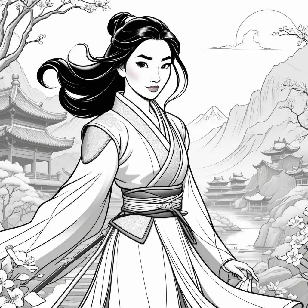 Mulan Coloring Page in Black and White