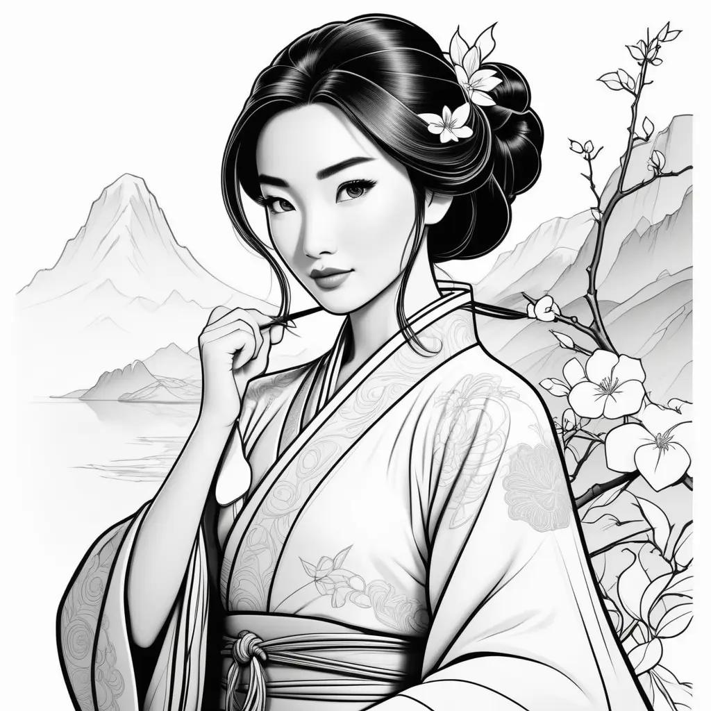 Mulan Coloring Pages Featuring A Black and White Drawing of A Mulan Character