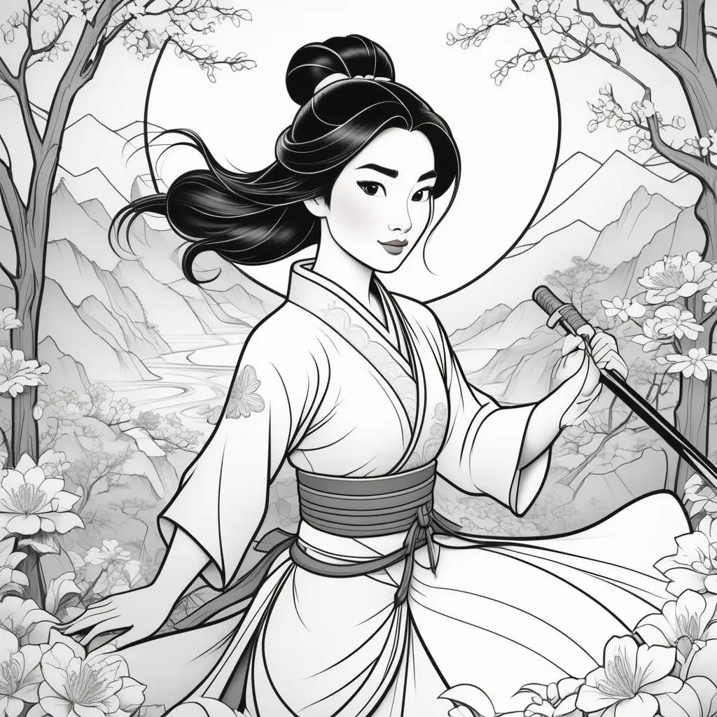 Mulan coloring page with black and white illustrations