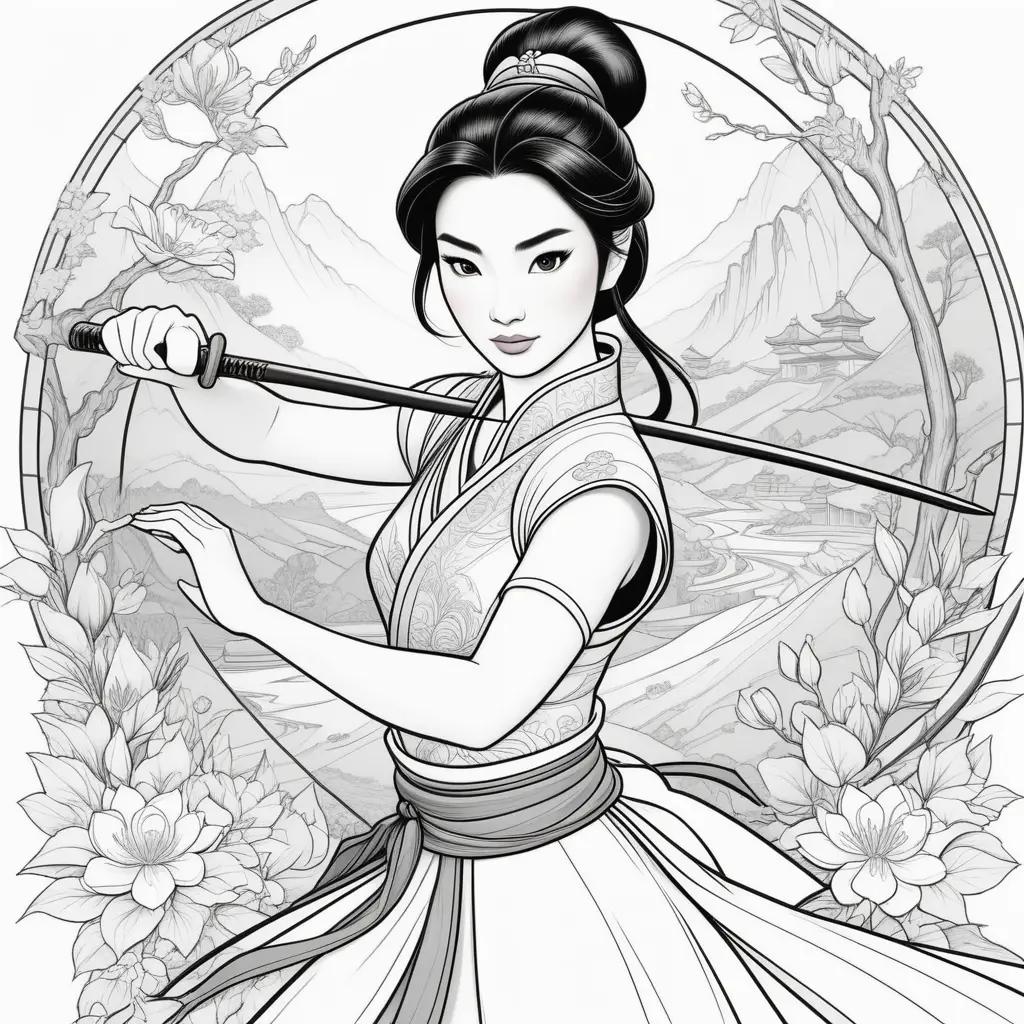 Mulan coloring pages: Black and white image of Mulan holding a sword