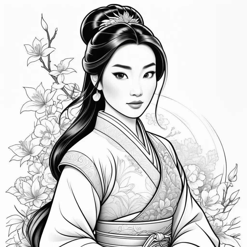 Mulan coloring pages featuring a beautiful woman