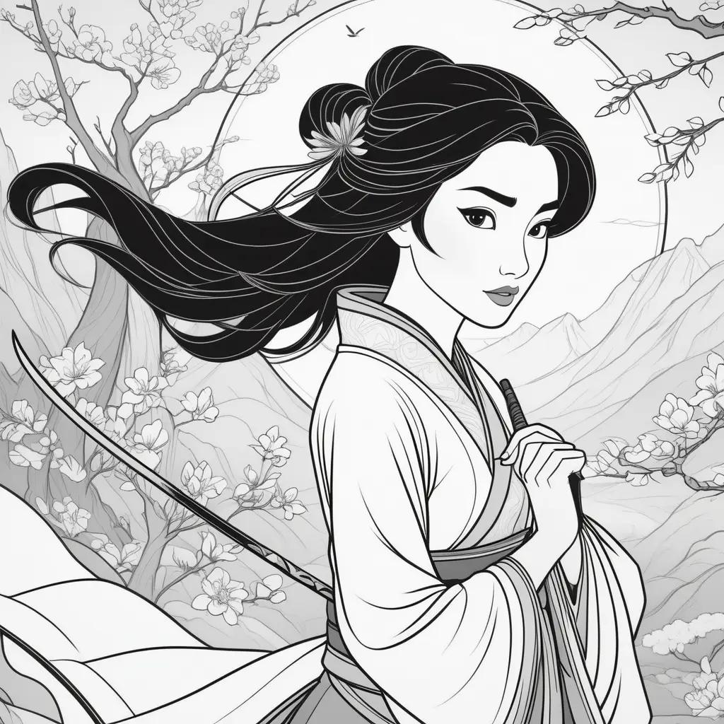 Mulan coloring pages for kids, with a sword and a mountain background