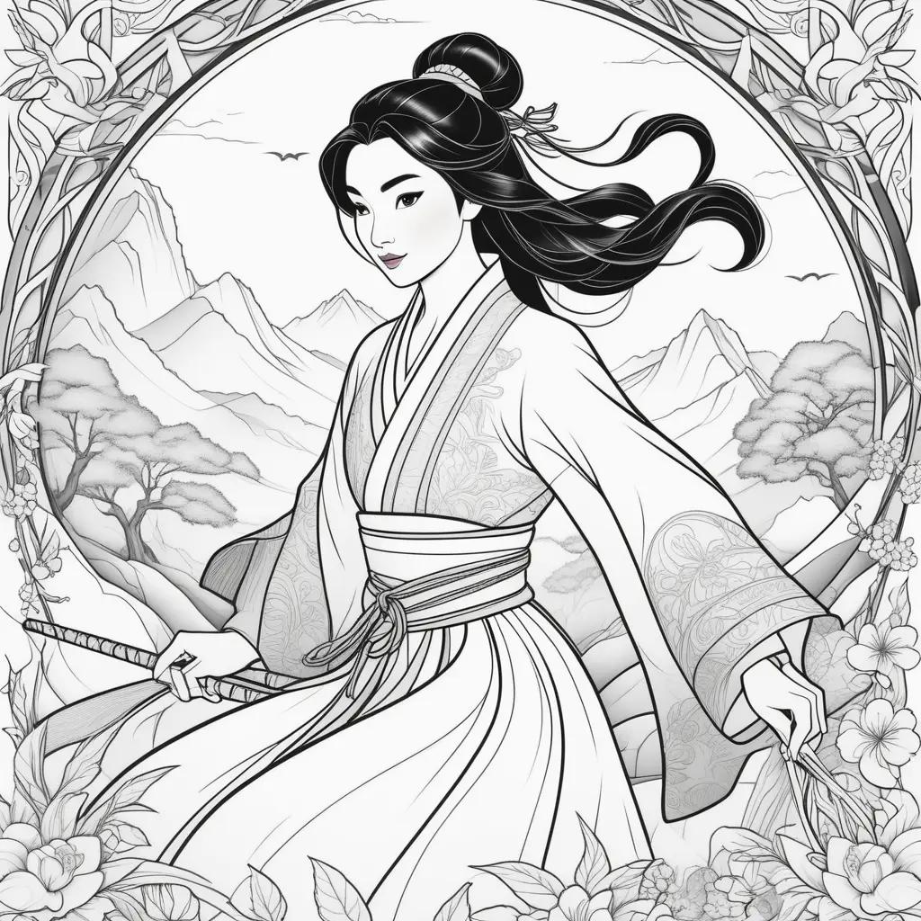 Mulan coloring pages with a woman holding a sword