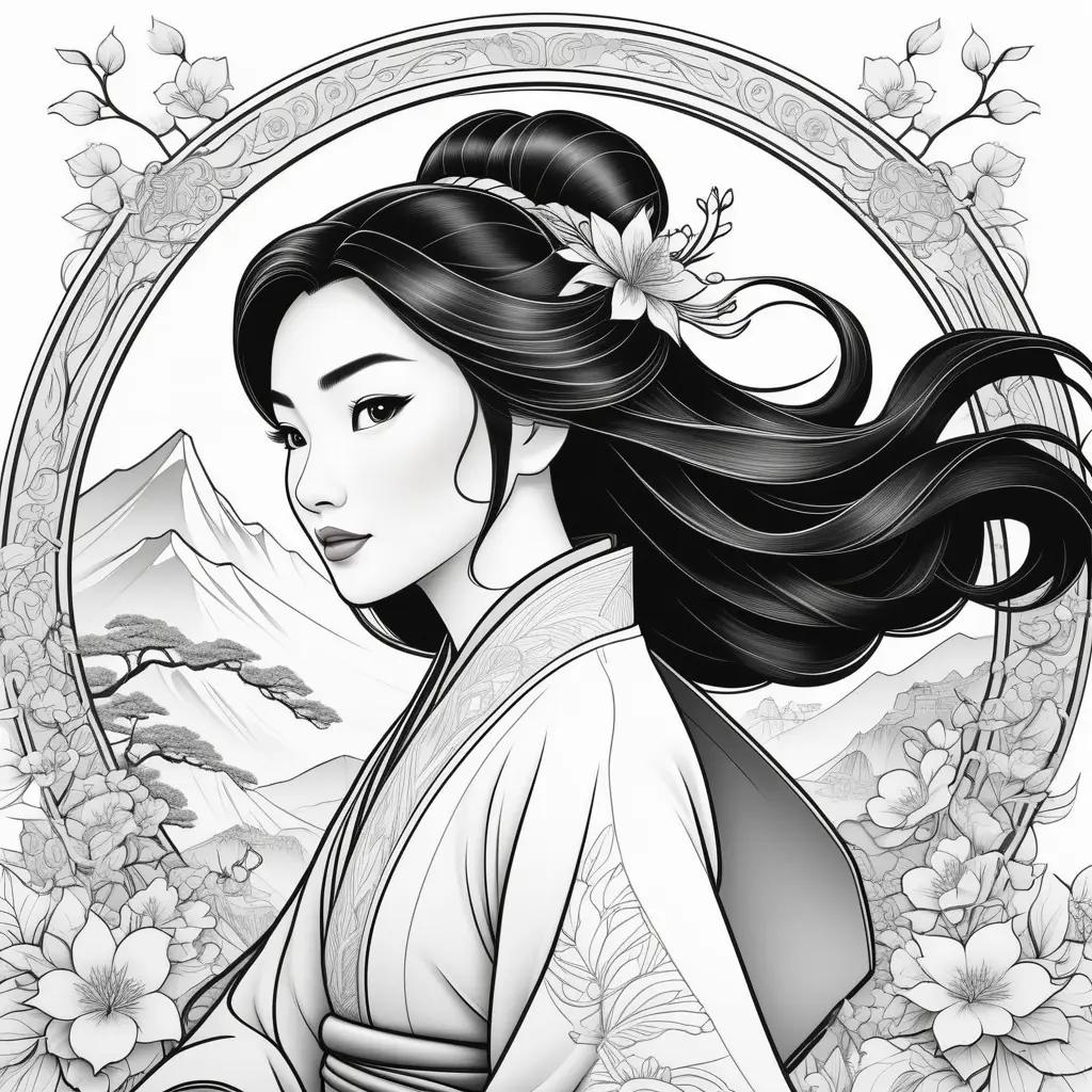 Mulan coloring pages with black and white