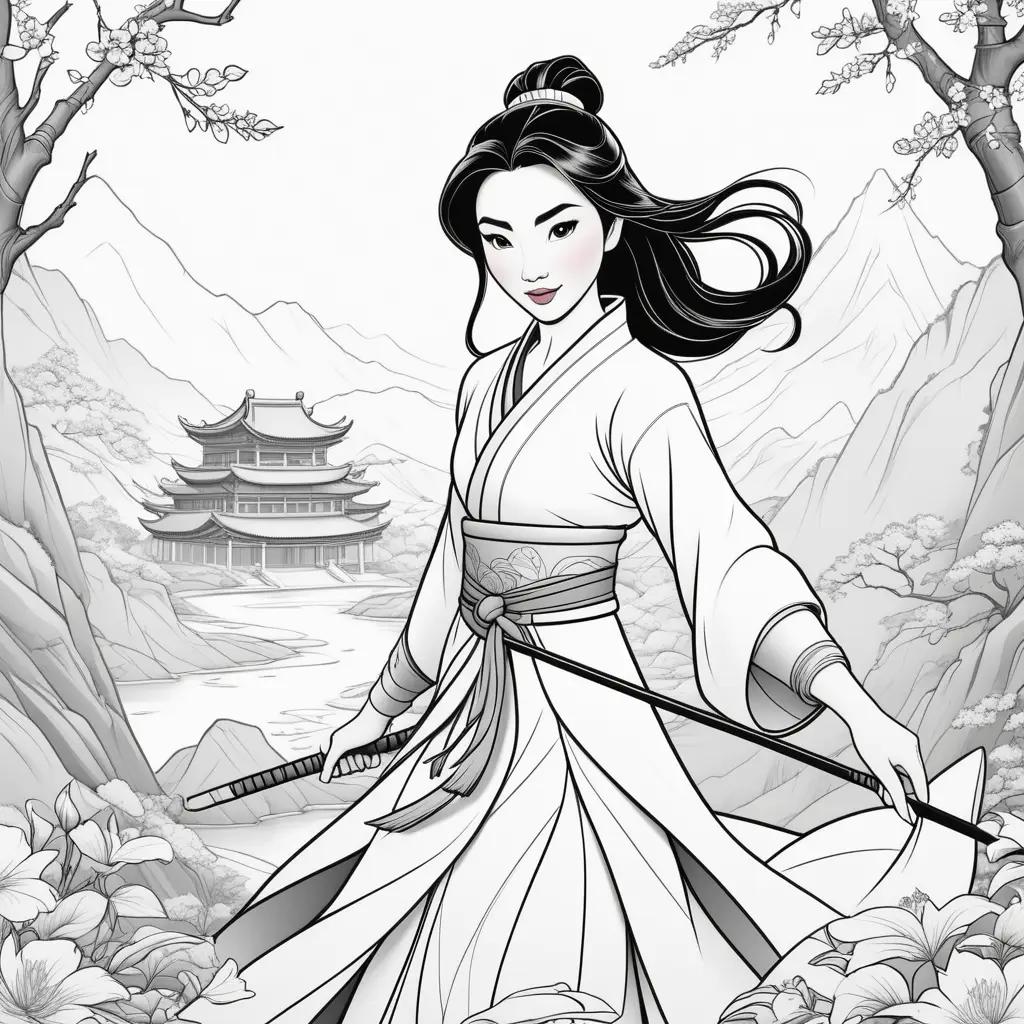 Mulan coloring pages with black and white design