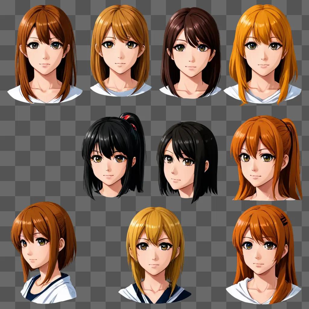 Multiple anime girl hairstyles shown on a brown background