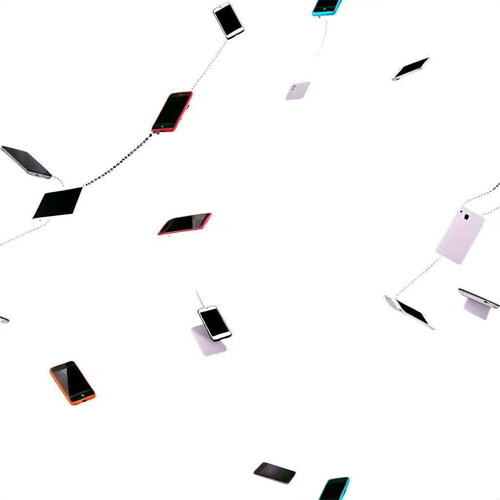 Multiple cell phones in a white background with a cord