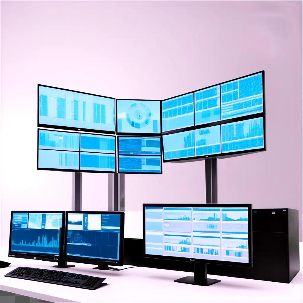 Multiple monitors displaying blue screens on a pink background