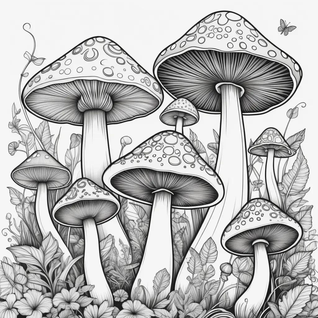 Mushroom coloring pages with black and white design