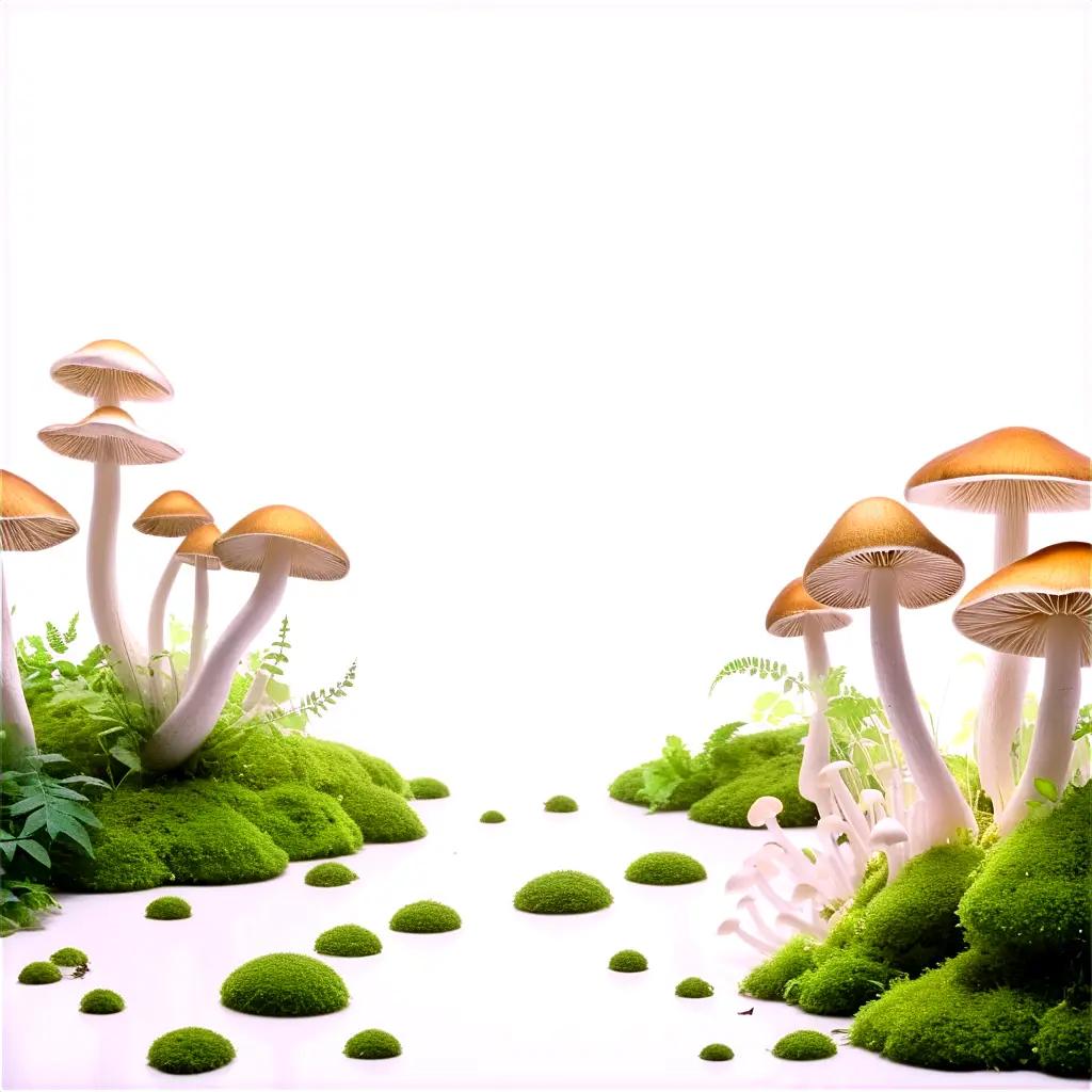 Mushrooms grow in a magical, mossy setting