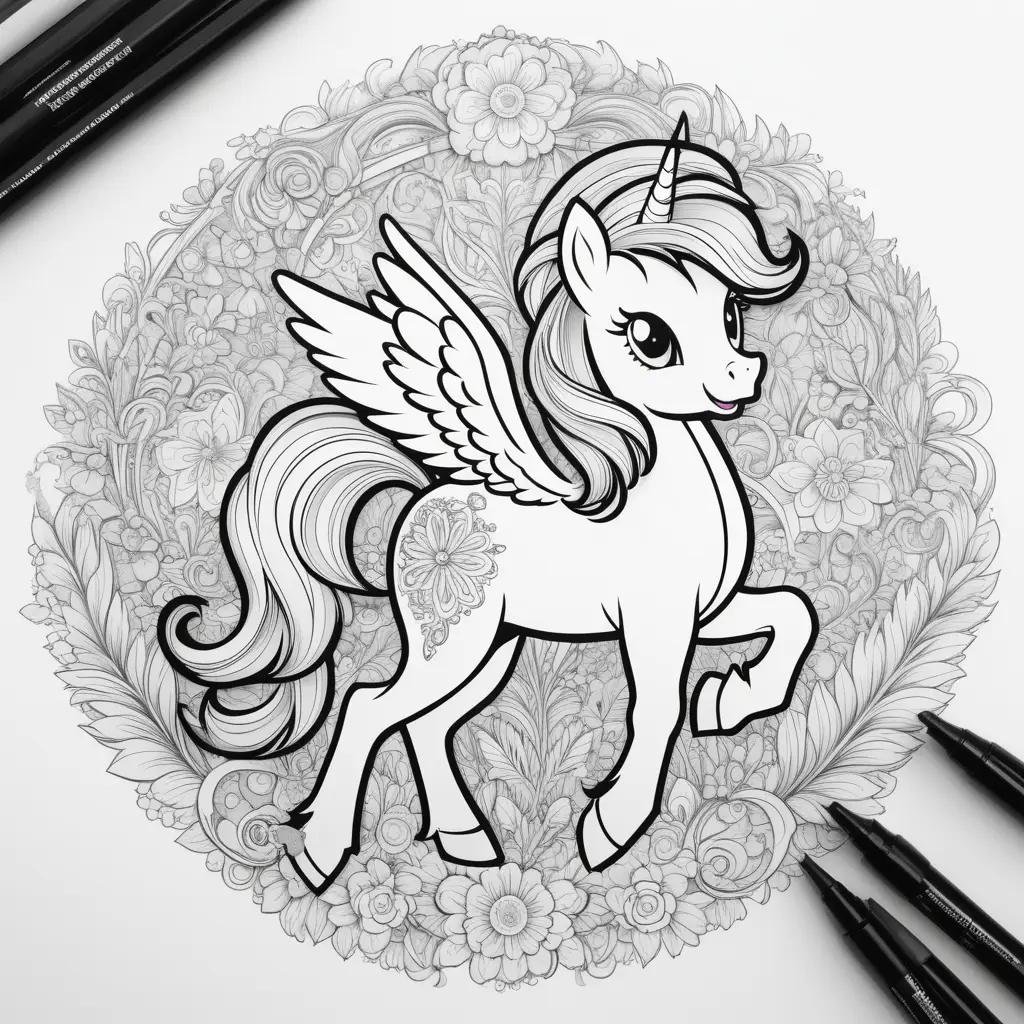 My Little Pony Coloring Page with a unicorn and flowers