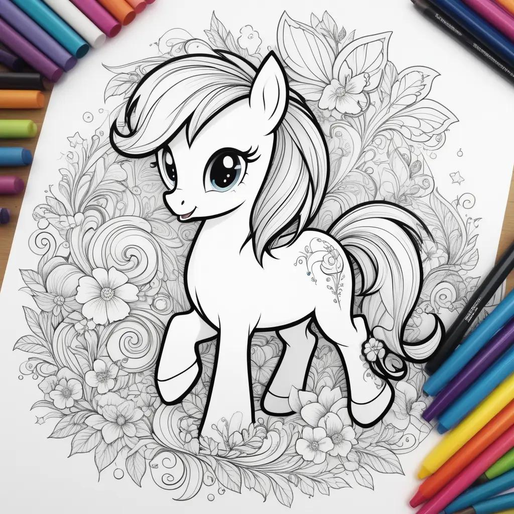 My Little Pony coloring page with a pony, flowers and colors