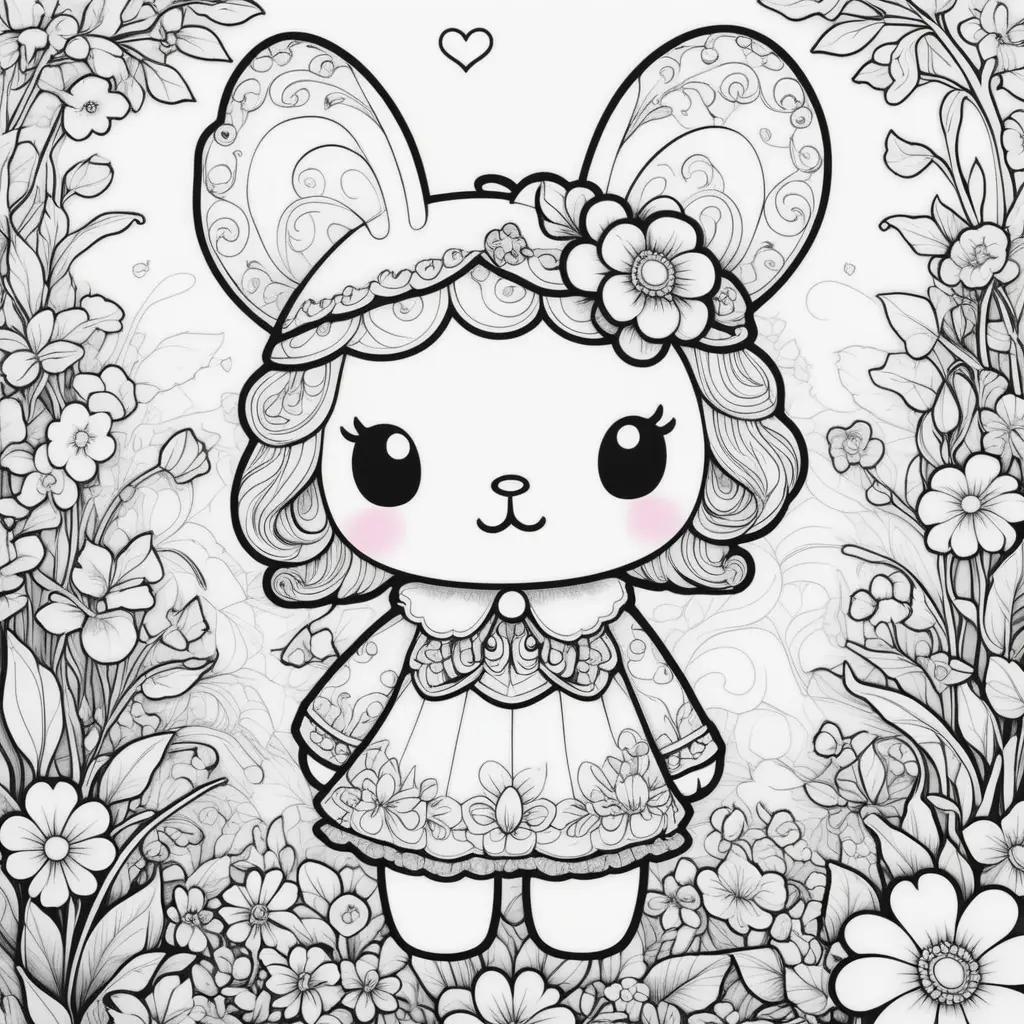 My Melody Coloring Page: A Cute Bunny and Flowers