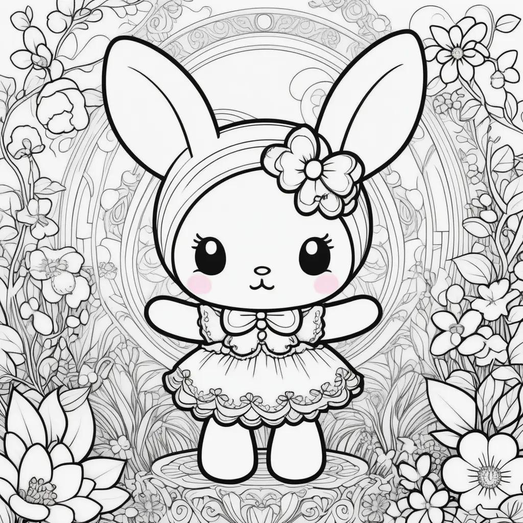 My Melody Coloring Pages: Bunny with Bow and Flowers