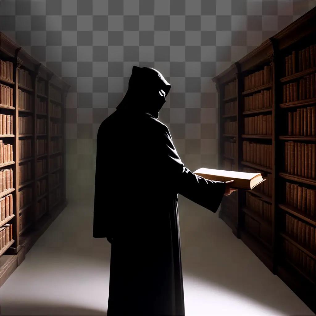 Mystery character exploring a library