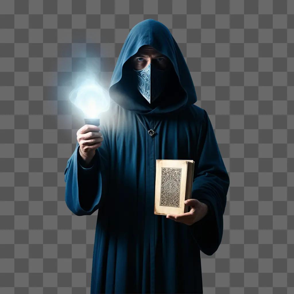 Mystery character in a blue robe with a glowing light