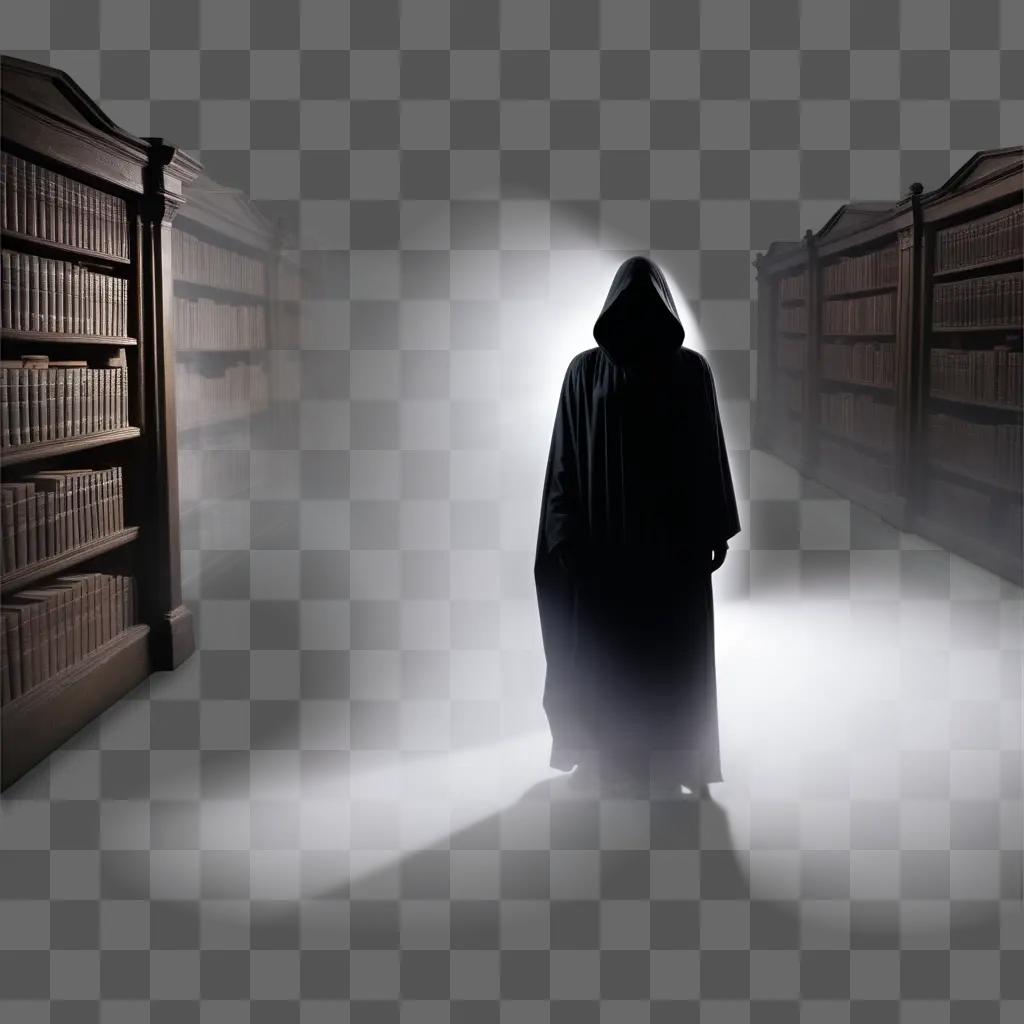 Mystical figure in fog near bookshelves