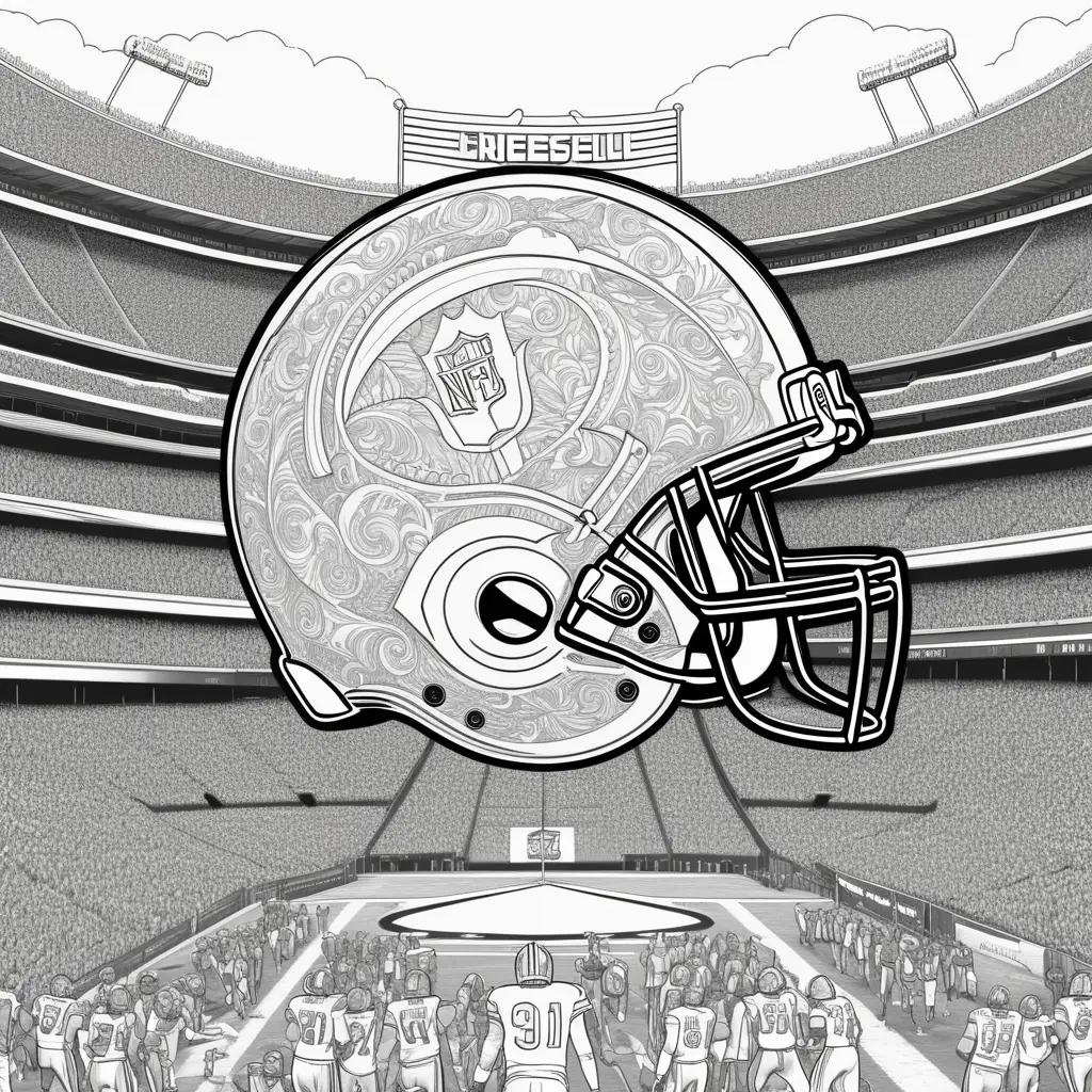 NFL football coloring pages: a helmet, a crowd, and a stadium