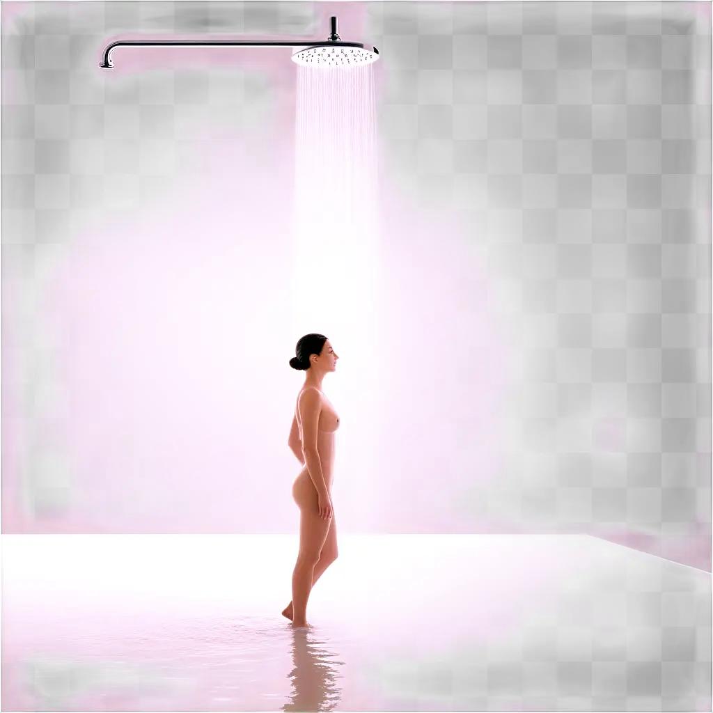 Naked woman standing under a shower head