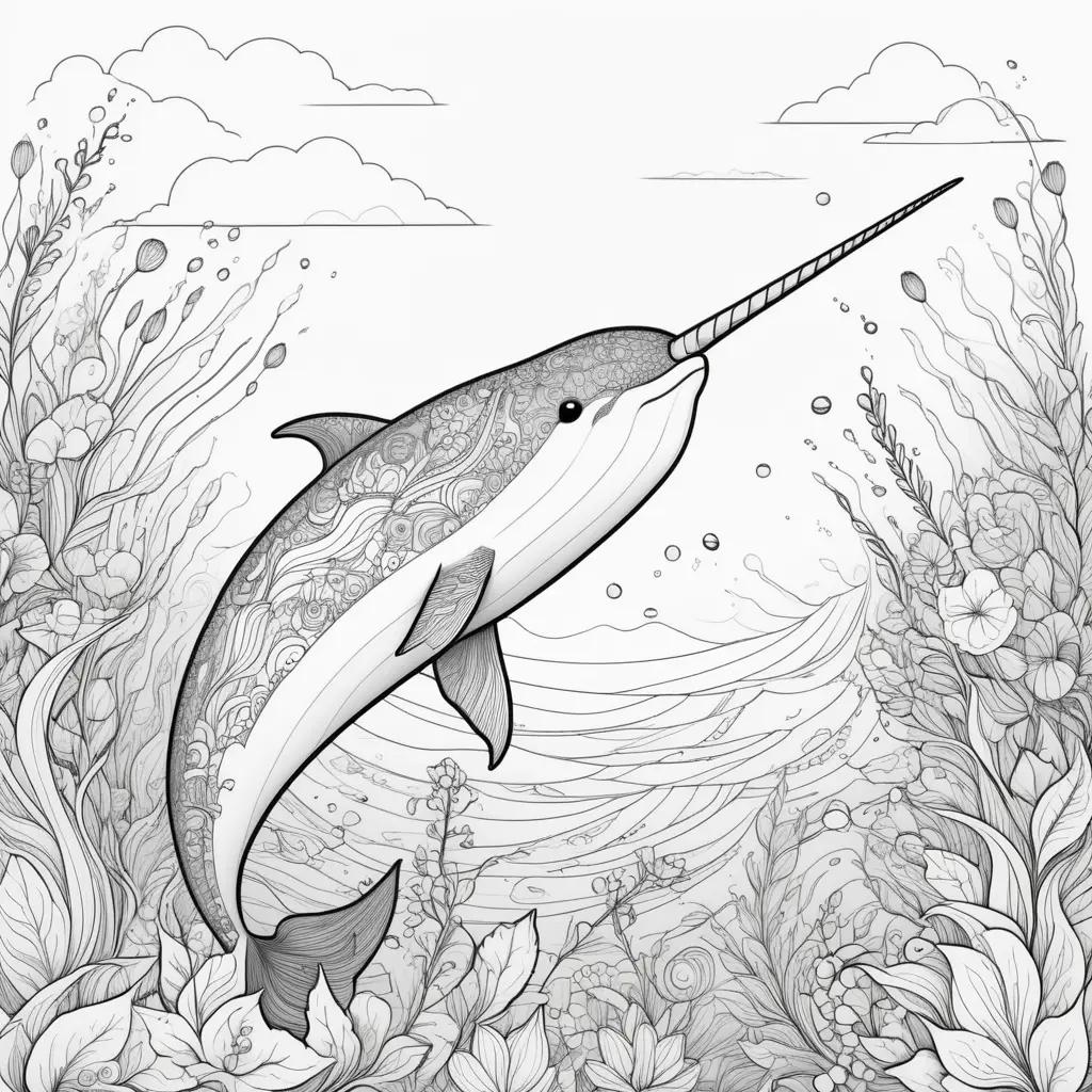 Narwhal coloring page with intricate design and floral background