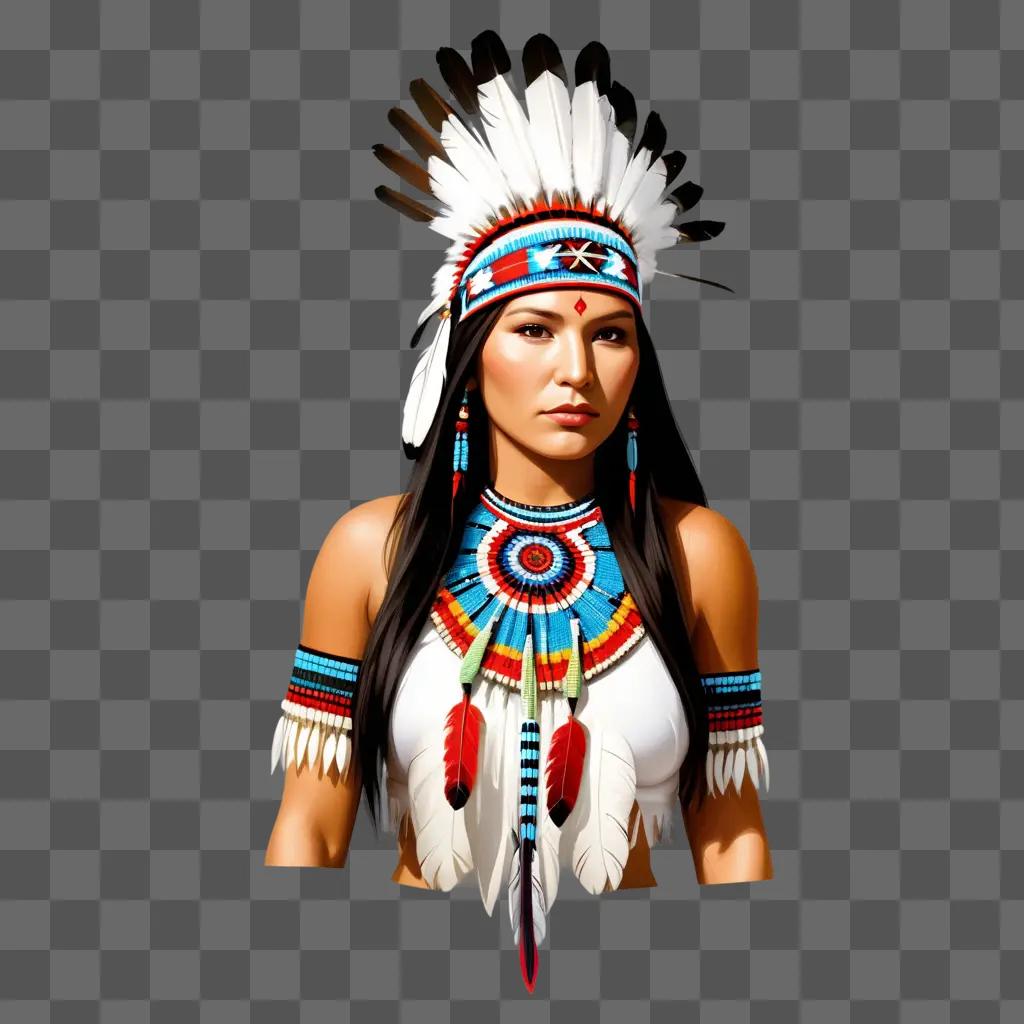 Native American Clipart: Beautiful Native American Clad in Indian Headdress