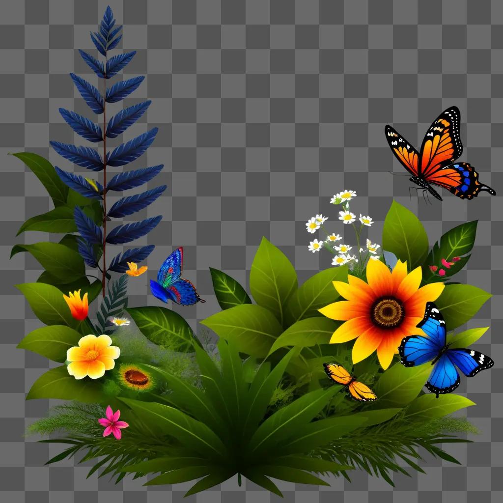 Nature clipart features a vibrant green background and colorful butterflies