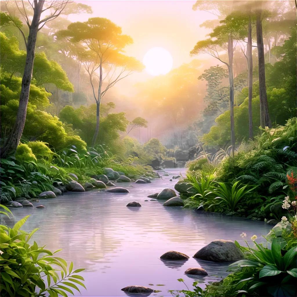 Nature drawing of a forested river at sunset