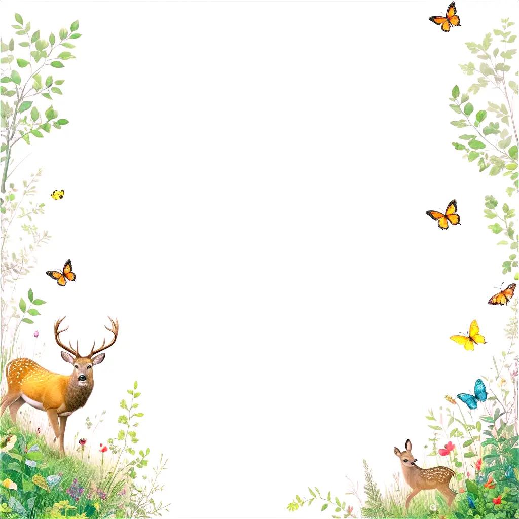 Nature drawing of deer, butterflies, and flowers in the wild