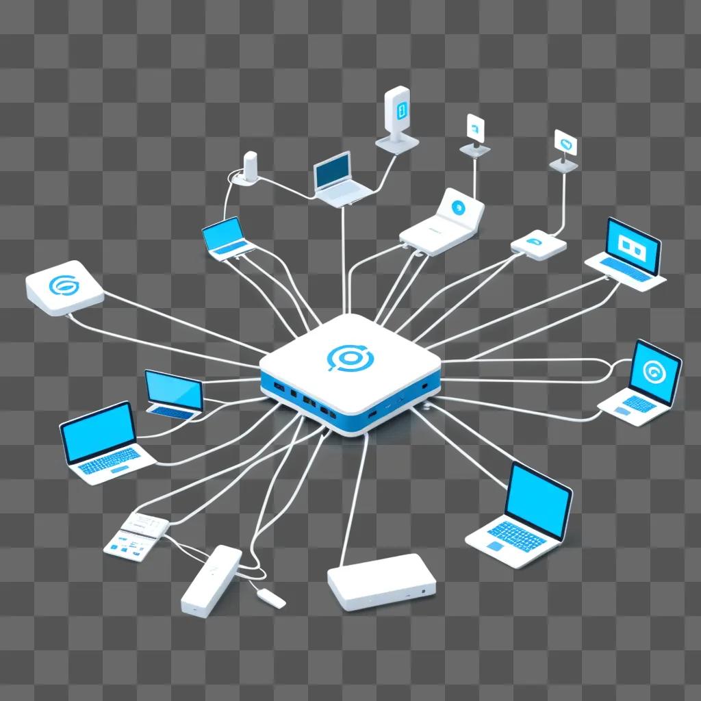 Network of devices with white circles and blue lines