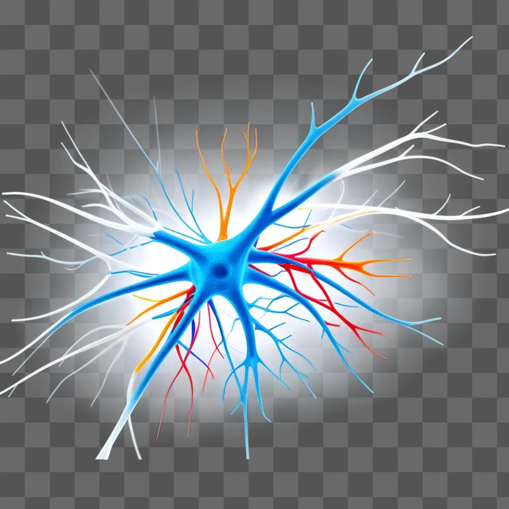 Neuron with blue, orange and red roots