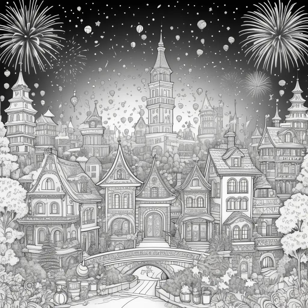 New Years Coloring Pages: A Snowy City Scene