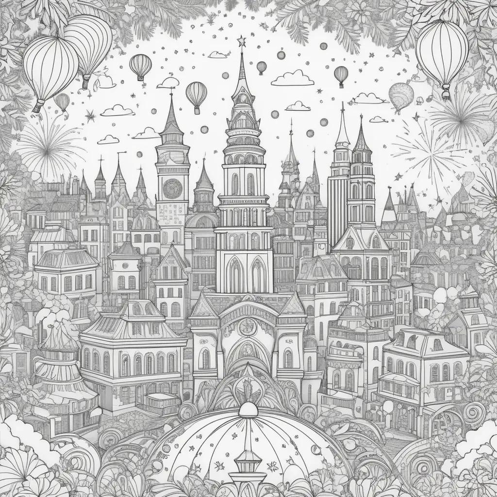 New Years Coloring Pages: Festive City Scenery