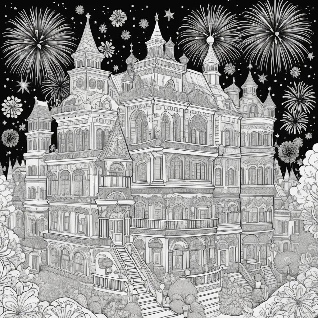 New Years Coloring Pages: Fireworks and Castle