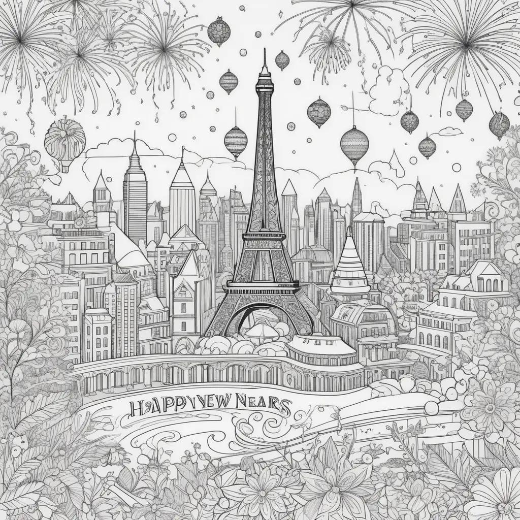 New Years Coloring Pages Featuring a City Skyline and Balloons