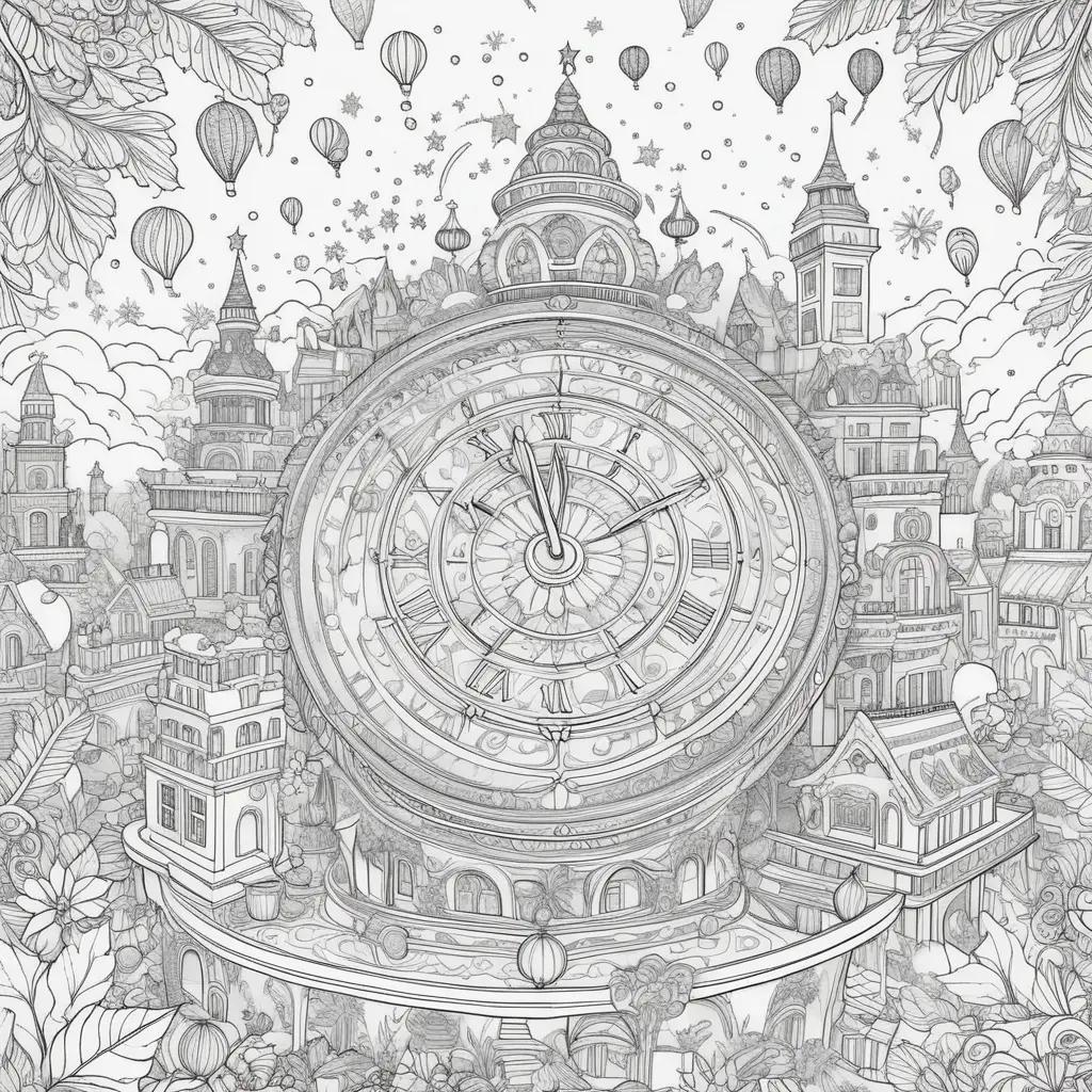 New Years coloring pages with a clock and balloons