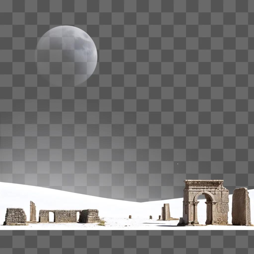 New moon appears over ancient ruins in the desert