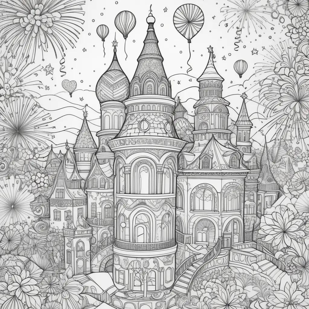 New years coloring pages featuring a castle and a sky filled with balloons