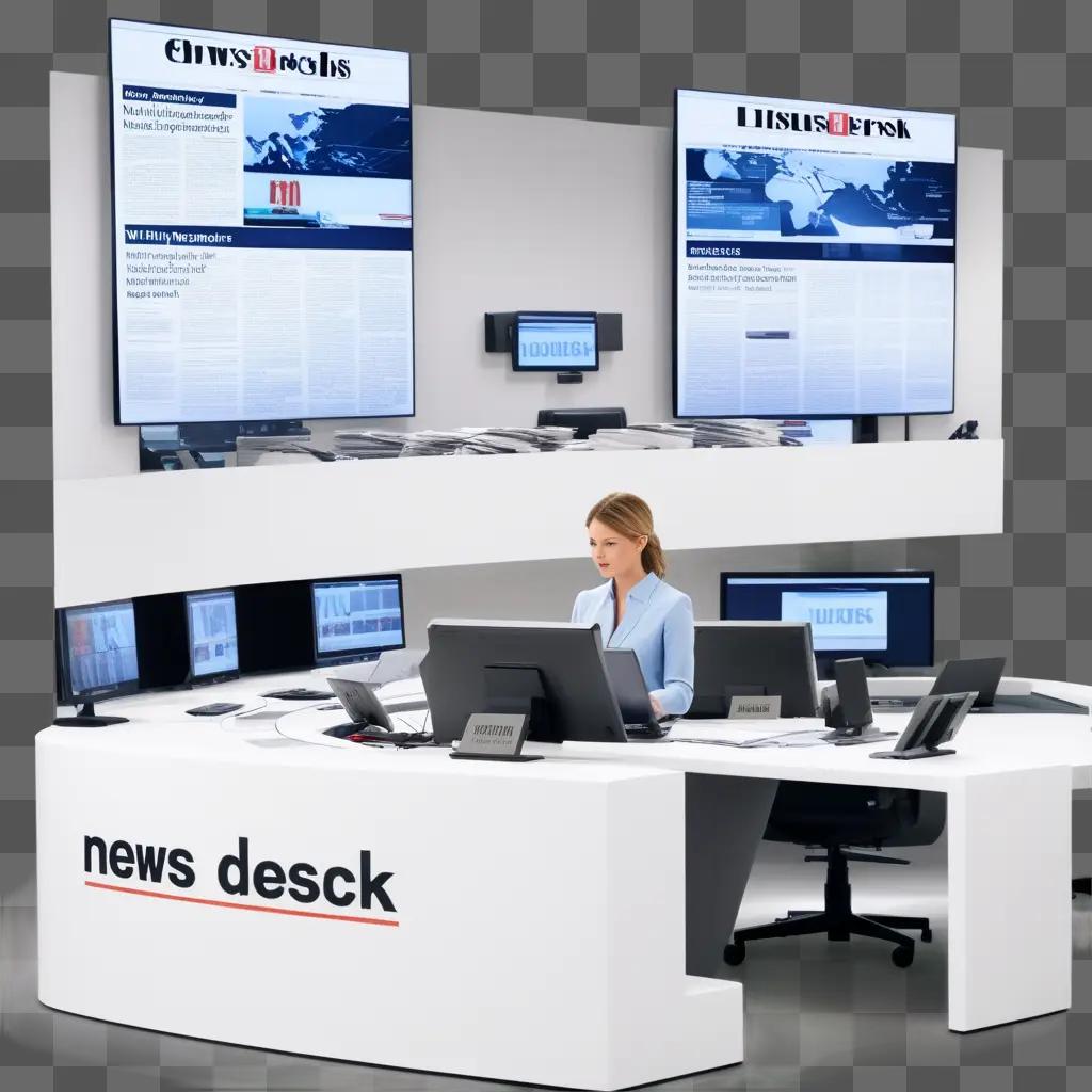 News Desk: a workspace with monitors and a woman working