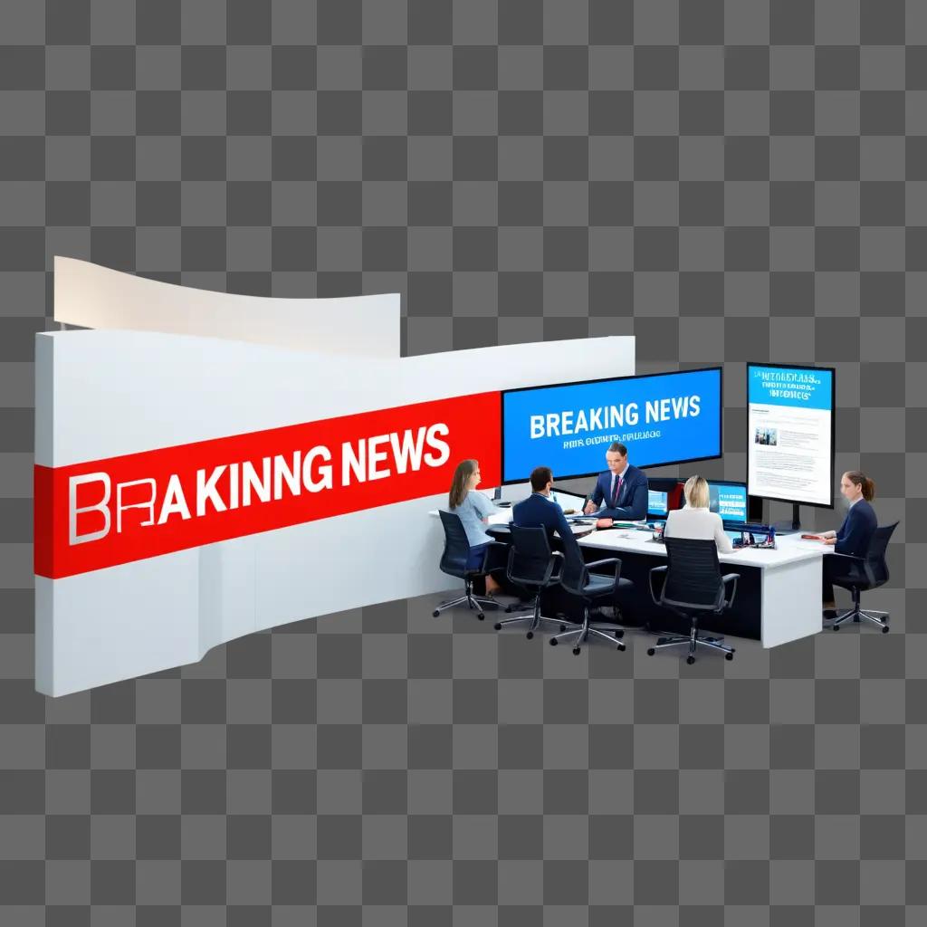 News desk with breaking news displayed on screen