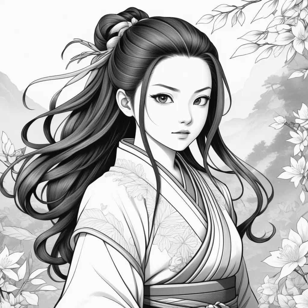 Nezuko Color Page: A black and white drawing of a woman with long hair