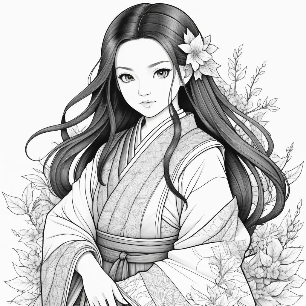 Nezuko Coloring Pageは、髪に花をクリップで留めた美しいアニメの女の子が、さまざまな花に囲まれた楽しいデジタル塗り絵です