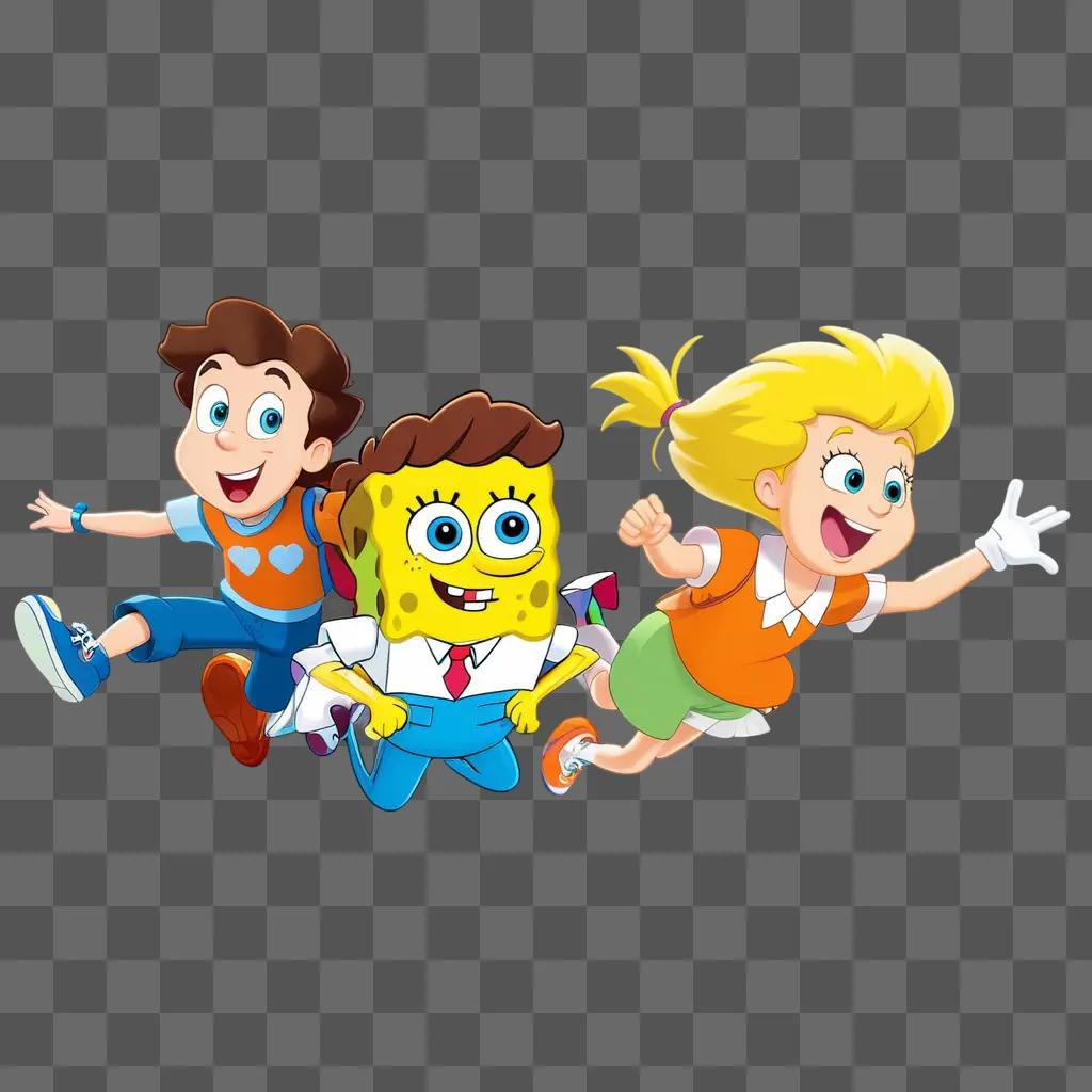 Nickelodeon cartoon characters running across a beige background