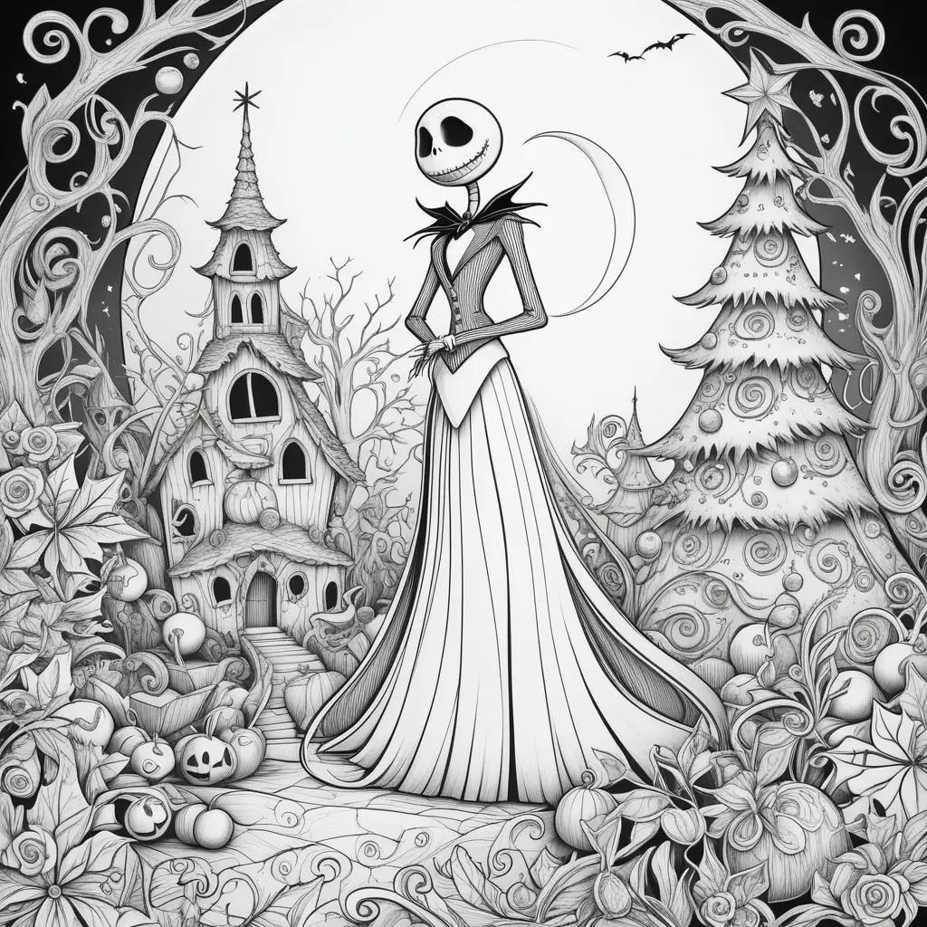 Nightmare Before Christmas Coloring Pages Featuring Jack Skellington and Sally