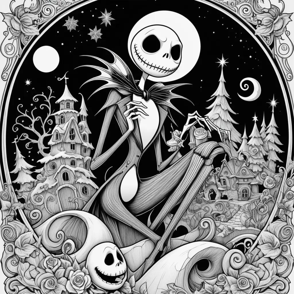 Nightmare Before Christmas color pages featuring Jack and Sally