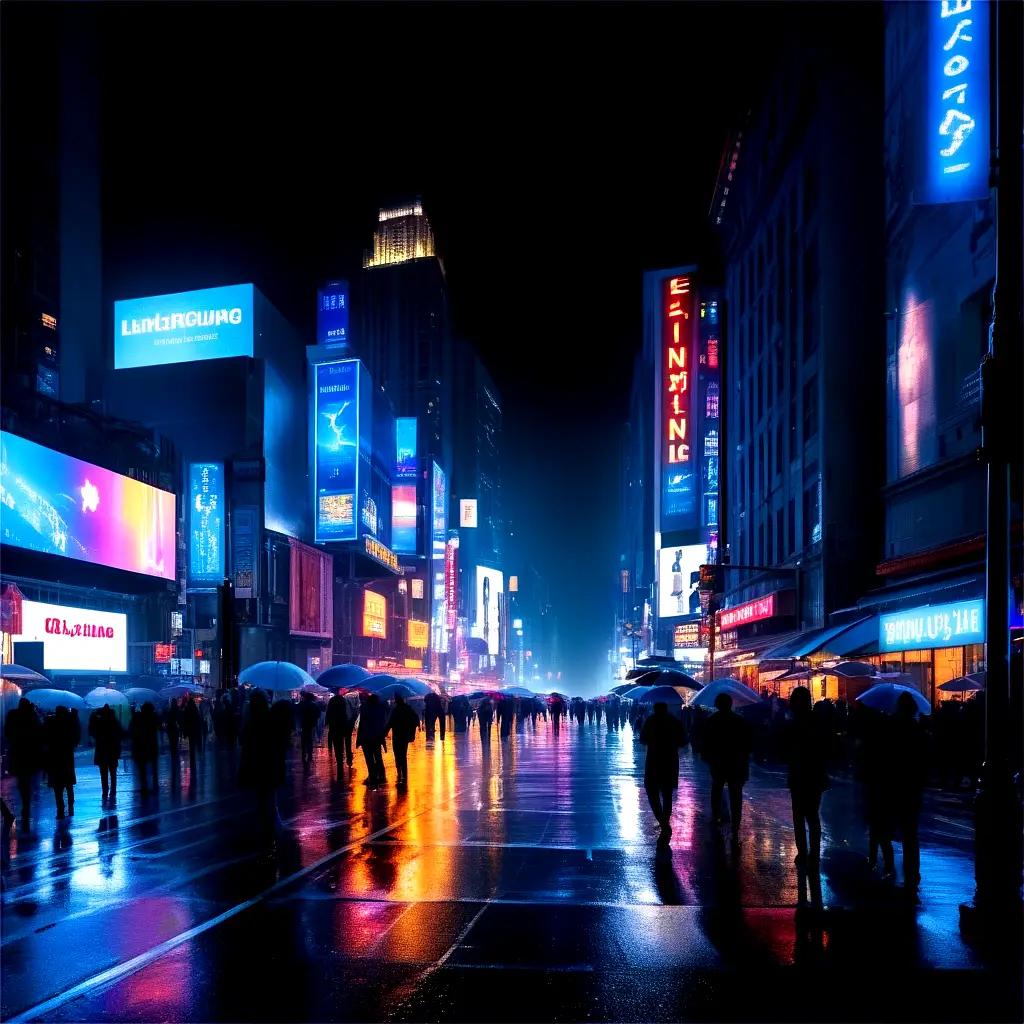 Nighttime cityscape with lit buildings and people