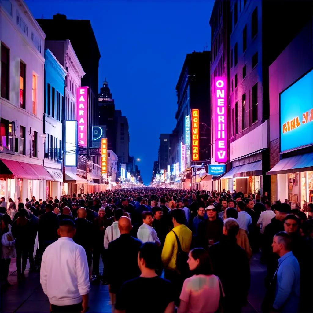 Nighttime crowd in a city street with neon lights