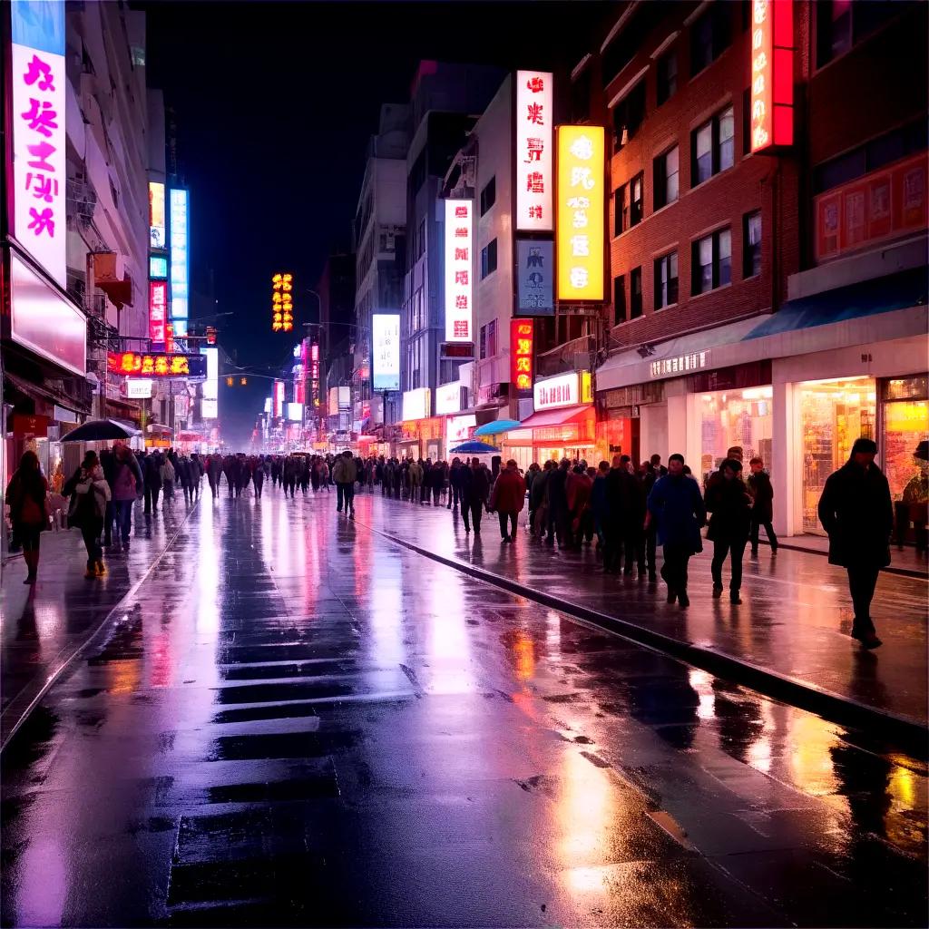 Nighttime street with people and lights