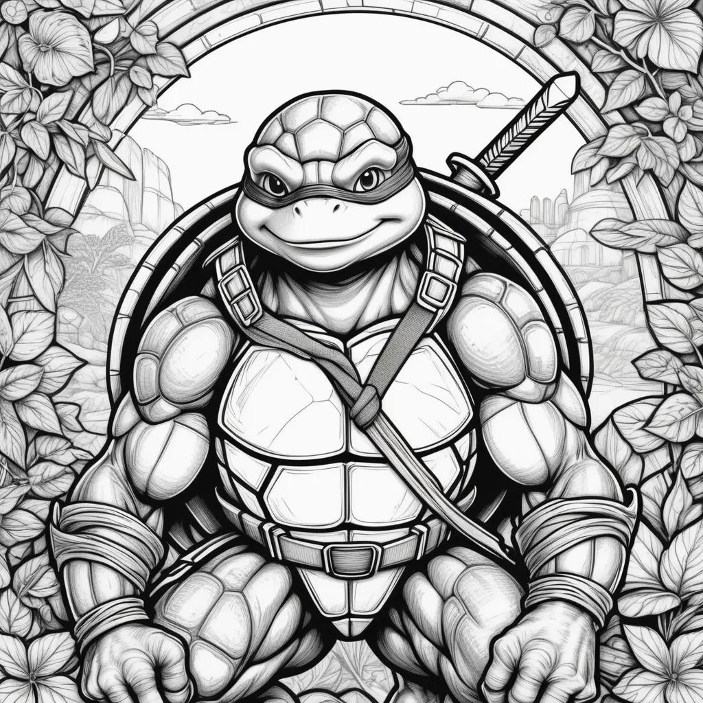 Ninja Turtle Coloring Page with Sword and Flowers