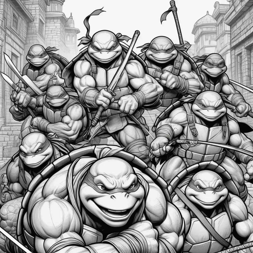 Ninja Turtles Coloring Pages Showing Characters in Black and White