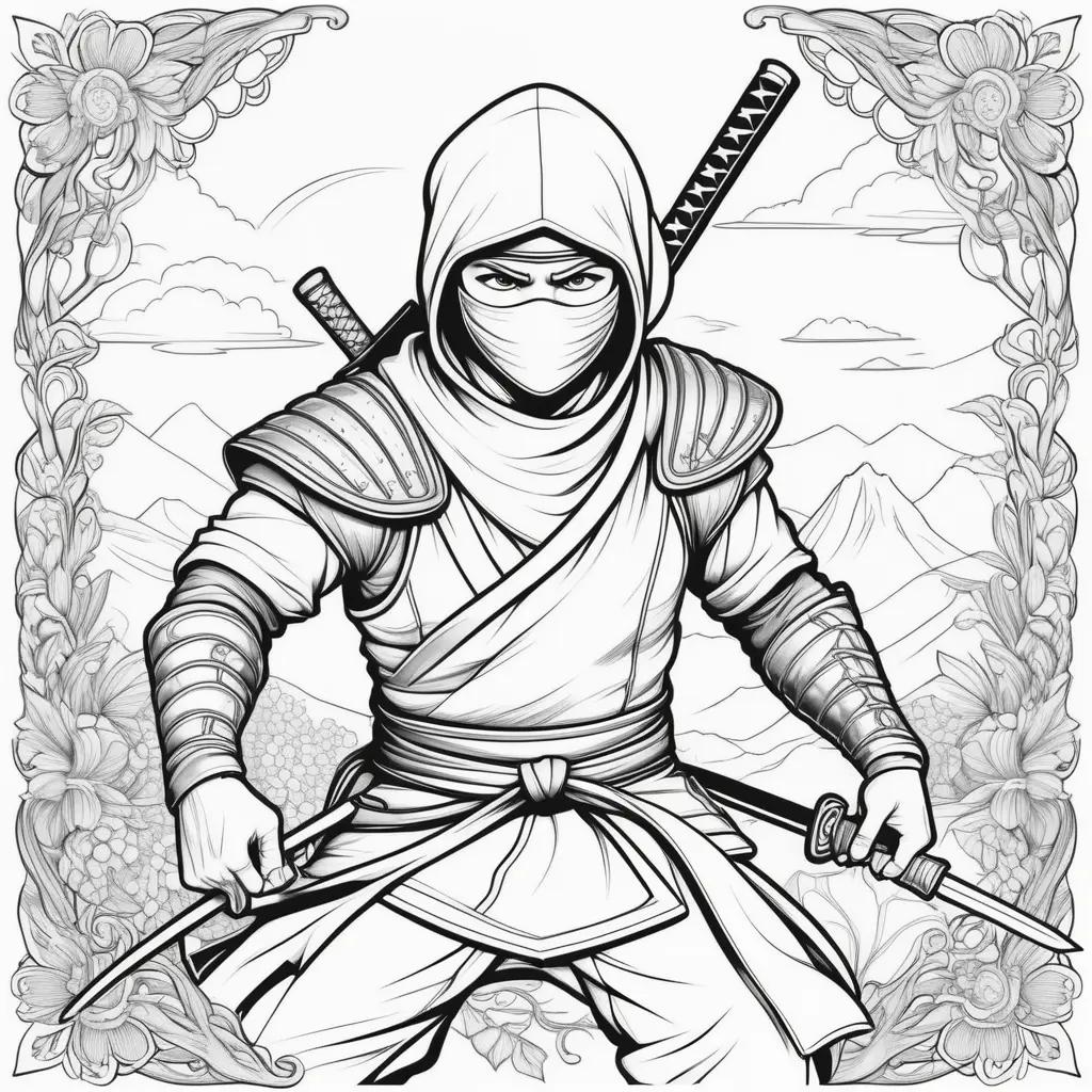 Ninja coloring page with black and white design